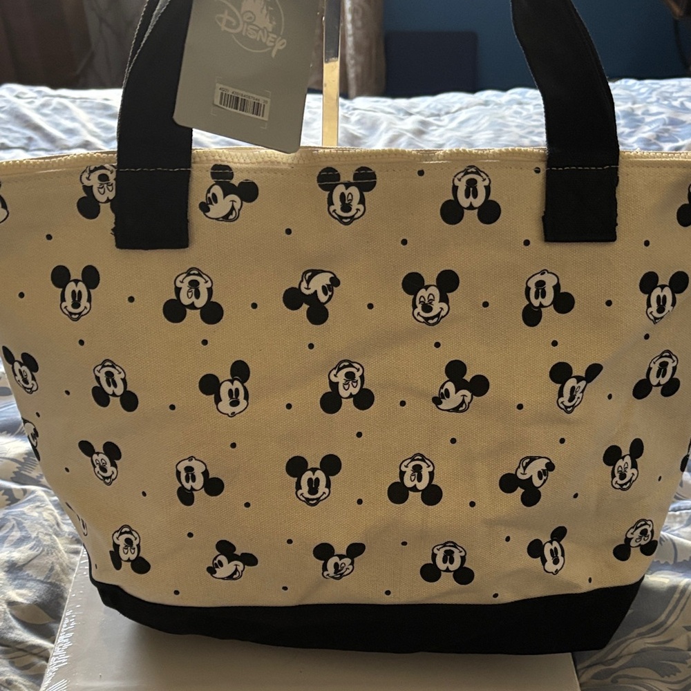 New Disney Cream Canvas Tote with Black Mickey Pattern